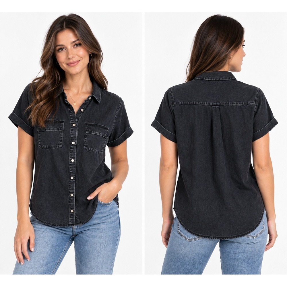 A New Day Womens Short Sleeve Button Down Denim Shirt Dark Indigo S NWT
